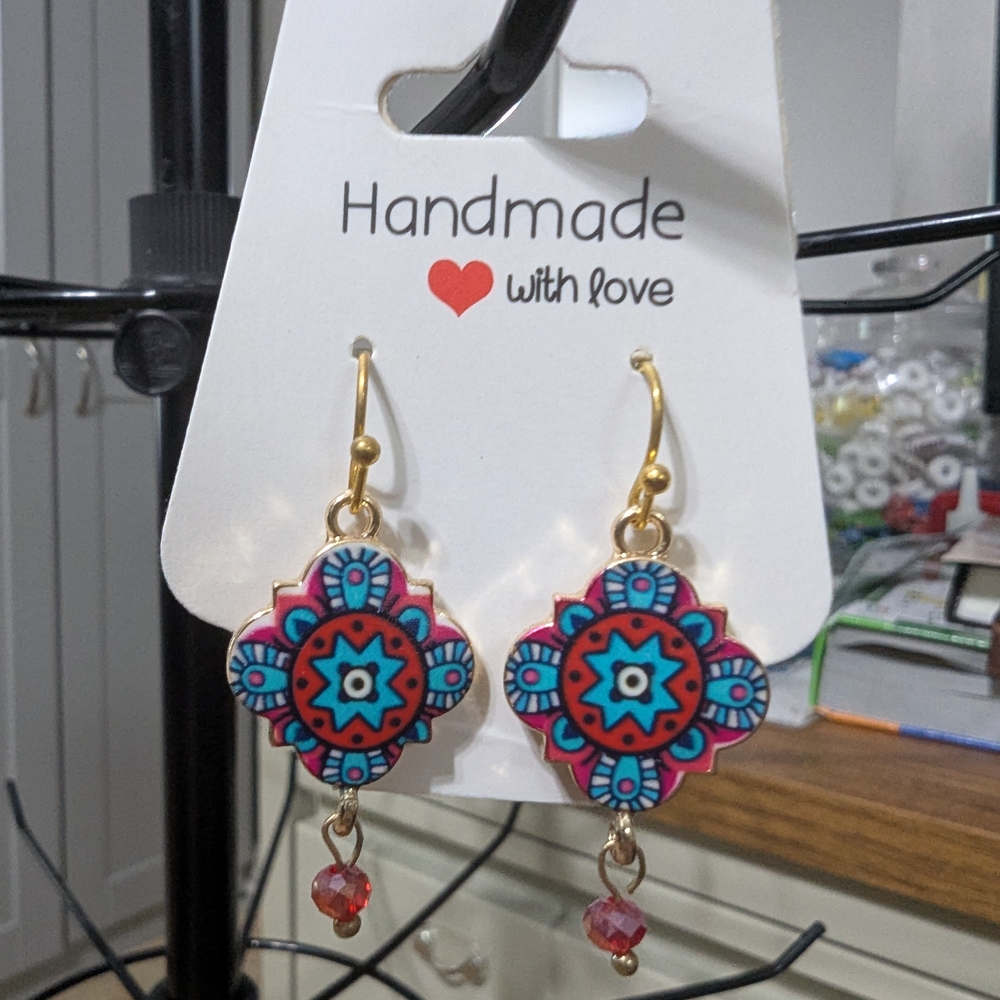 Vibrant Blue and Red Mandala Earrings